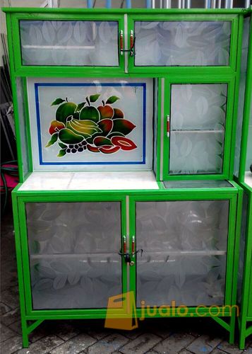 Rak Piring Aluminium Frame Hijau + Keramik 2 Pintu Kaca Es 78-160
