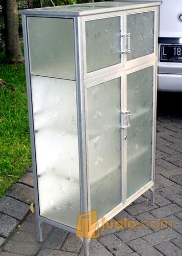 Rak Piring Aluminium 4 Pintu Frame Putih Belakang Triplek Kaca Es 74-127
