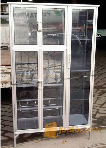 Rak Piring Aluminium 3 Pintu Frame Putih / Coklat Kaca Riben 95-159