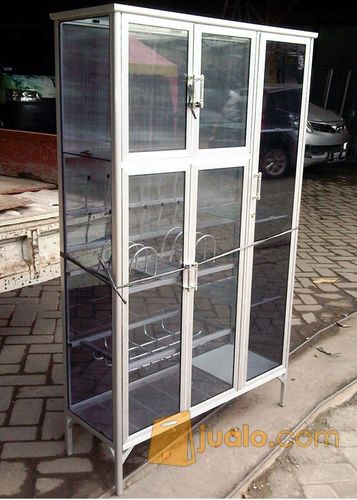 Rak Piring Aluminium 3 Pintu Frame Putih / Coklat Kaca Riben 95-159