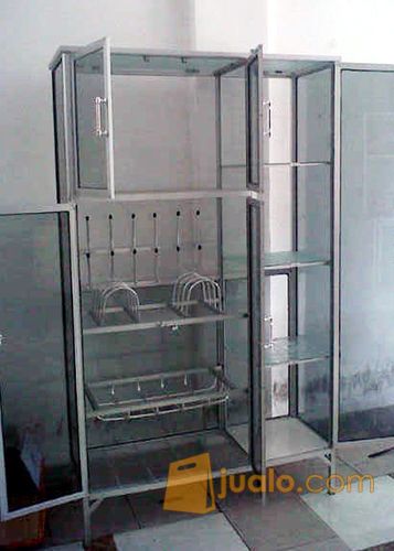 Rak Piring Aluminium 3 Pintu Frame Putih / Coklat Kaca Riben 95-159