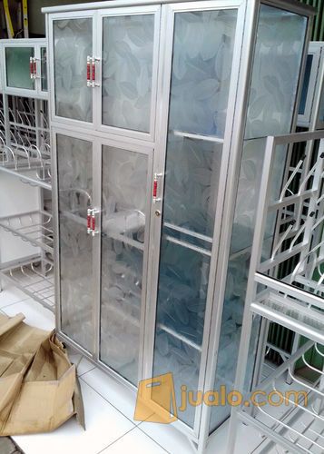 Rak Piring Aluminium 3 Pintu Frame Putih Kaca Es 95-159