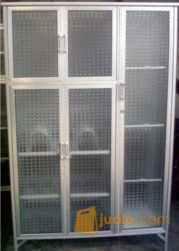 Rak Piring Aluminium 3 Pintu Frame Putih Kaca Es 95-159
