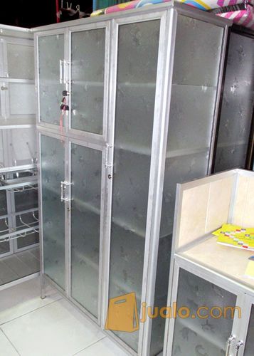 Rak Piring Aluminium 3 Pintu Frame Putih Kaca Es 95-159