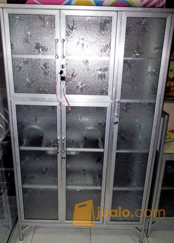 Rak Piring Aluminium 3 Pintu Frame Putih Kaca Es 95-159
