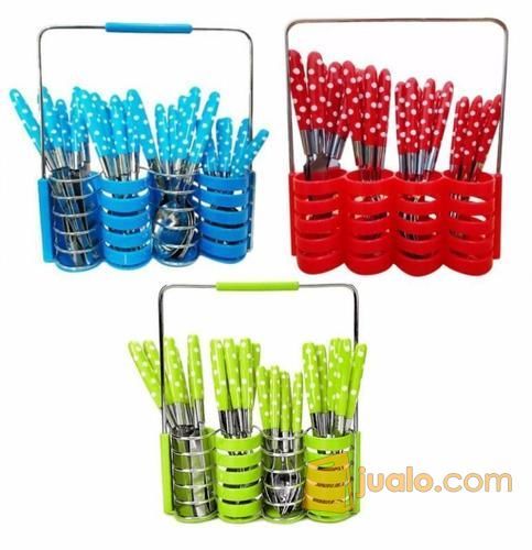 Sendok Set Motif Polkadot Stainless Steel Aneka Warna Pisau Steak Garpu Keranjang Alat Makan Kuah