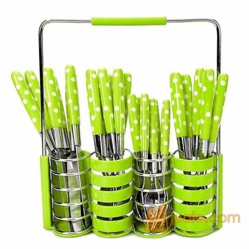 Sendok Set Motif Polkadot Stainless Steel Aneka Warna Pisau Steak Garpu Keranjang Alat Makan Kuah