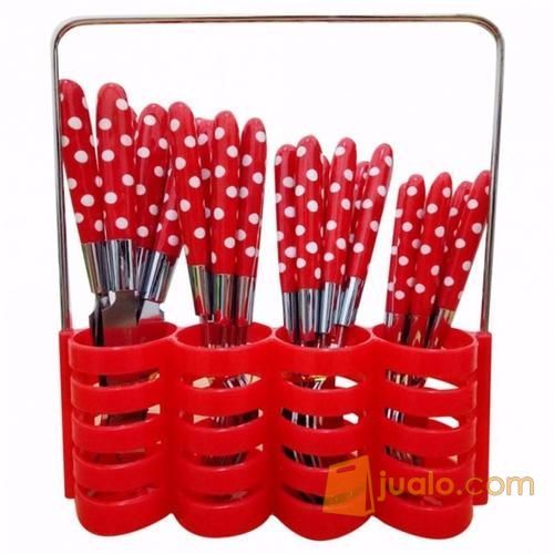 Sendok Set Motif Polkadot Stainless Steel Aneka Warna Pisau Steak Garpu Keranjang Alat Makan Kuah