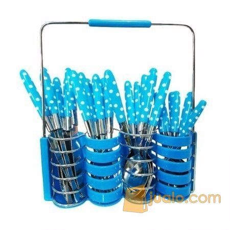 Sendok Set Motif Polkadot Stainless Steel Aneka Warna Pisau Steak Garpu Keranjang Alat Makan Kuah