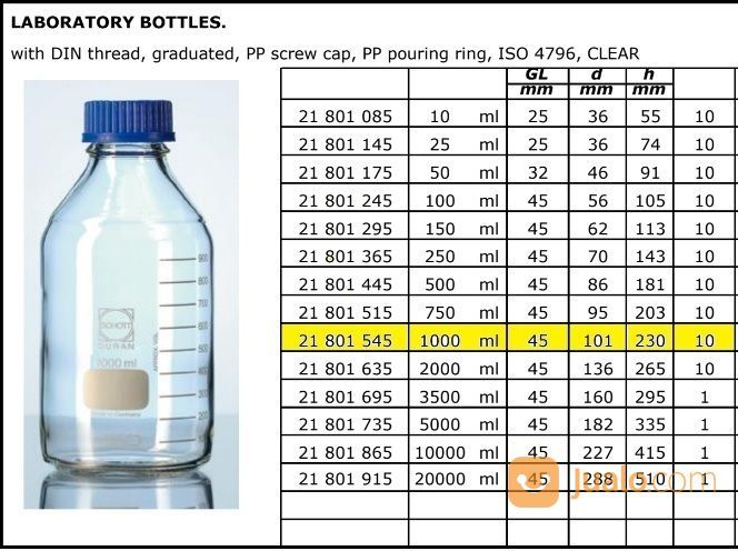 Botol Glass Laboratory Laboratorium 1000ml Schott Duran