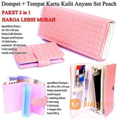 Card Holder Paket Dompet Wanita Kulit Anyam Seri M Peach