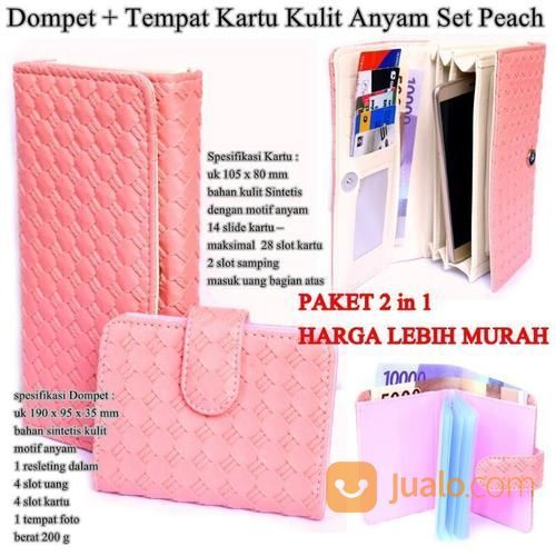 Card Holder Paket Dompet Wanita Kulit Anyam Seri M Peach