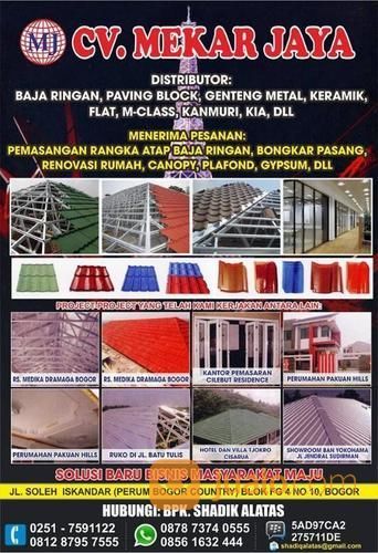 CV.MEKAR JAYA.PEMASANGAN RANGKA BAJA RINGAN SERTA GENTENG METAL BATUAN BERKWALITAS SNI