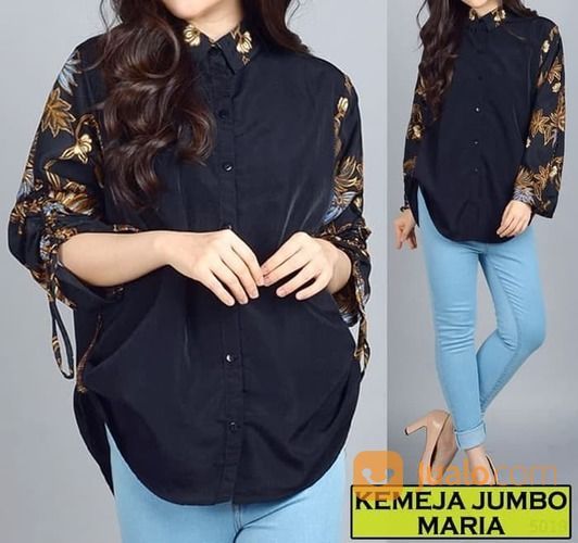 Kemeja Wanita Jumbo Maria Hitam Big Motif Baju Atasan Wanita Bigsize