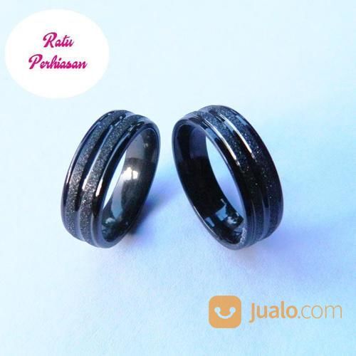 Cincin Titanium Couple Pria Wanita Hitam Black Pasir Garis