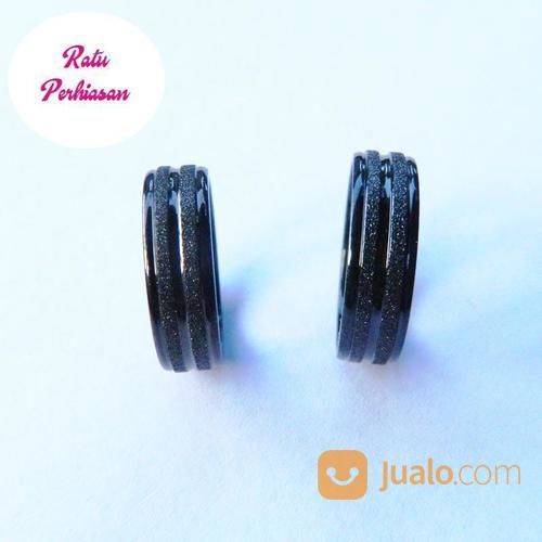 Cincin Titanium Couple Pria Wanita Hitam Black Pasir Garis