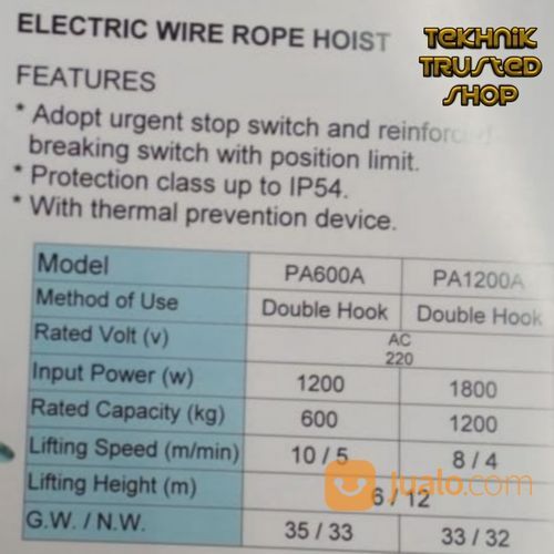 Electric Hoist 1200.Kg Panjang Seling 6.Meter/Mesin Katrol Lift Angkat Barang/BQ2