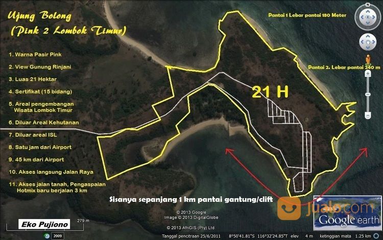 Tanah 21 Hektar Pantai Pink Telone Lombok Timur - NTB