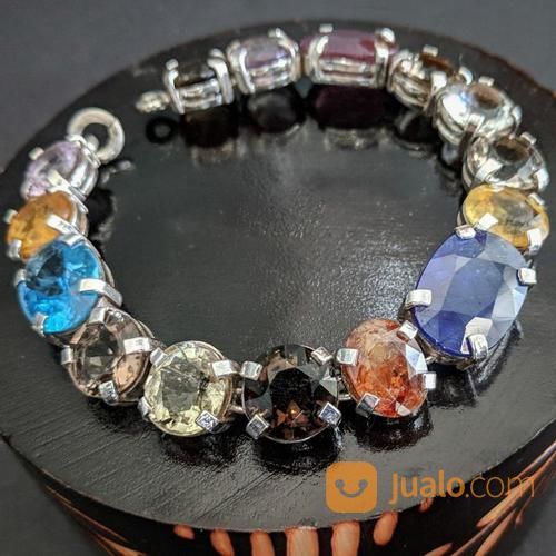 Gelang Perak Padat Multi Batu Permata Quartz, Ruby, Citrine, Sapphire, Topaz