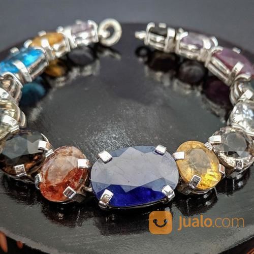 Gelang Perak Padat Multi Batu Permata Quartz, Ruby, Citrine, Sapphire, Topaz