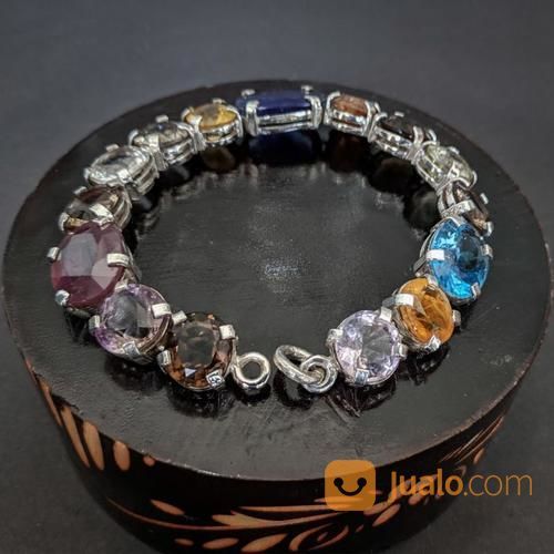 Gelang Perak Padat Multi Batu Permata Quartz, Ruby, Citrine, Sapphire, Topaz