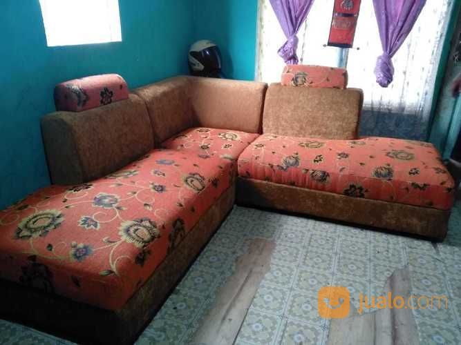 Sofa Sudut Minimalis Kain Orange Coklat Busa Empuk
