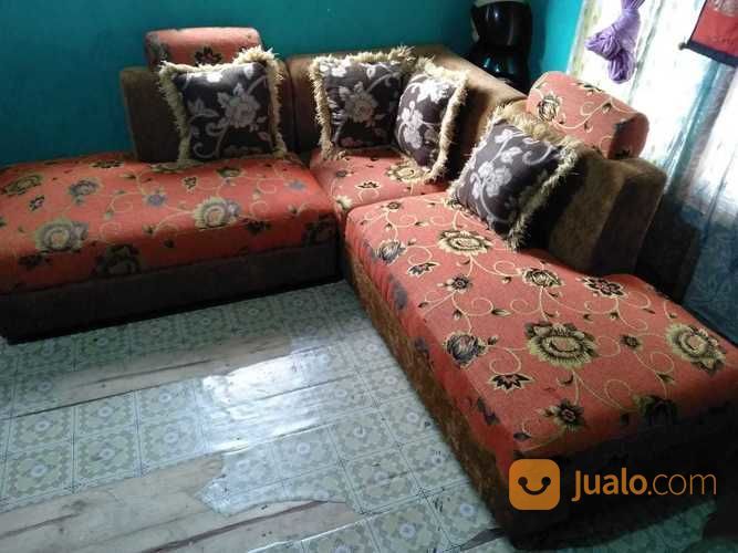 Sofa Sudut Minimalis Kain Orange Coklat Busa Empuk