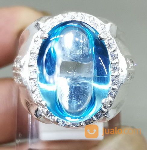Batu Akik Kecubung Biru Laut Topaz Bermemo Ring Perak