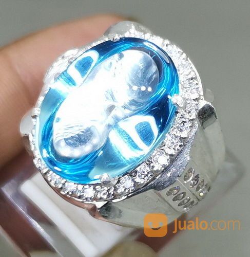 Batu Akik Kecubung Biru Laut Topaz Bermemo Ring Perak