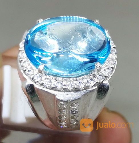 Batu Akik Kecubung Biru Laut Topaz Bermemo Ring Perak
