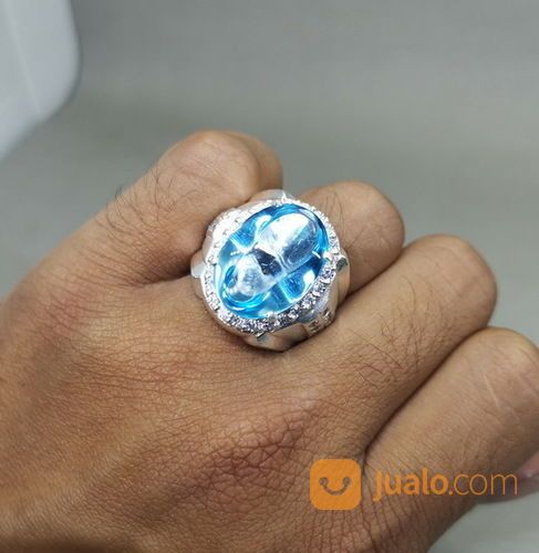 Batu Akik Kecubung Biru Laut Topaz Bermemo Ring Perak