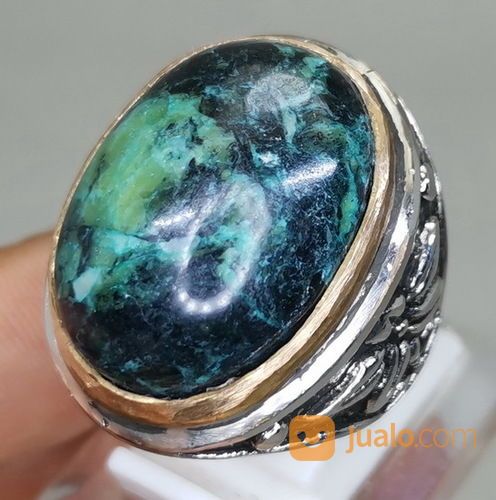 Cincin Batu Akik Badar Besi Hijau Hitam Antik Asli Kode 2094a