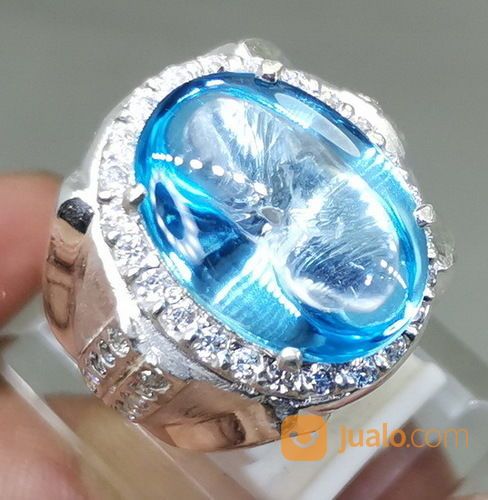 Batu Akik Kecubung Biru Laut Topaz Bermemo Ring Perakk