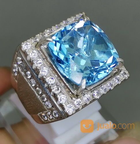 Natural Blue Topas Swiss Ring Perak Asli Kode 2080a