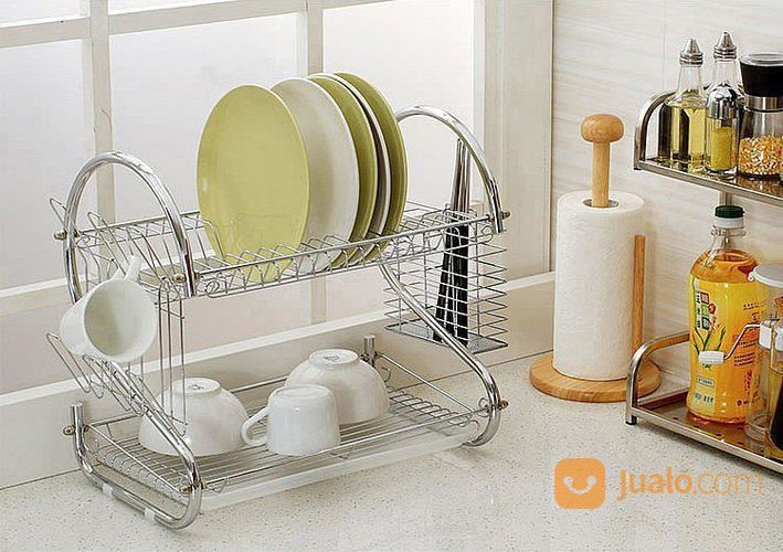 Rak Cuci Piring 2 Tingkat Wadah Dua Susun Praktis Stainless Steel Tidak Mudah Berkarat