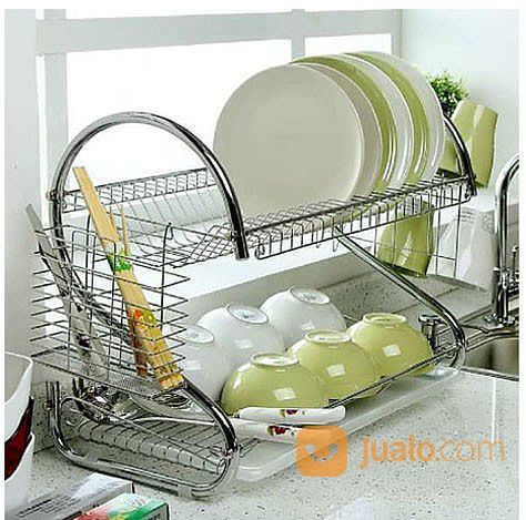 Rak Cuci Piring 2 Tingkat Wadah Dua Susun Praktis Stainless Steel Tidak Mudah Berkarat