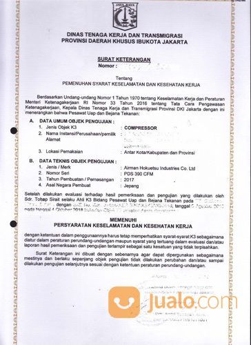 Kepengurusan Surat Izin Layak Operasi Izin Alat Compressor Disnaker