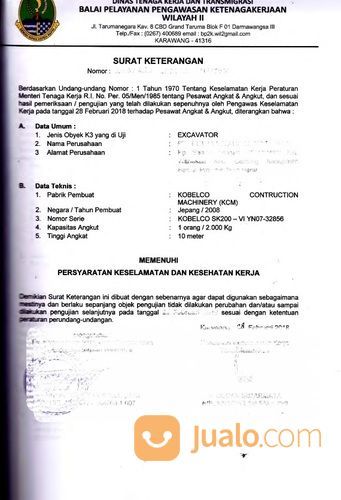 Jasa Kepengurusan Sertifikasi Surat Izin Layak Operasi Alat Excavator Beko