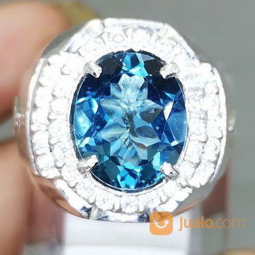 Cincin Batu Natural Blue Topaz London Asli Bersertifikat Ring Perak