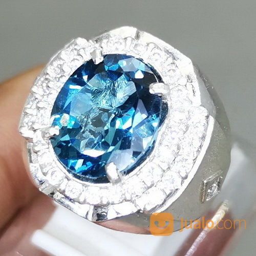Cincin Batu Natural Blue Topaz London Asli Bersertifikat Ring Perak
