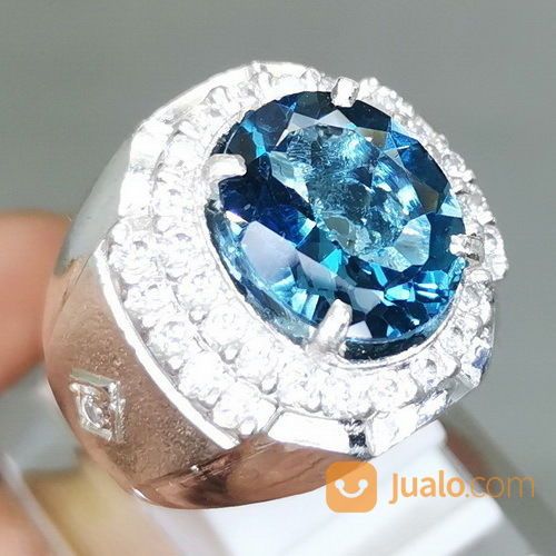 Cincin Batu Natural Blue Topaz London Asli Bersertifikat Ring Perak