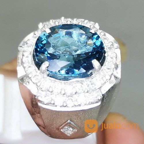 Cincin Batu Natural Blue Topaz London Asli Bersertifikat Ring Perak