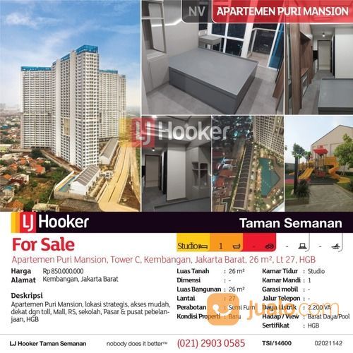 Apartemen Puri Mansion, Tower C, Kembangan, Jakarta Barat, 26 M, Lt 27, HGB
