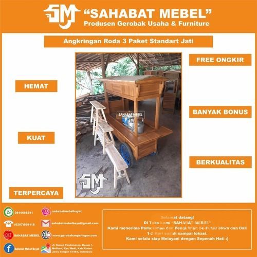 Gerobak Angkringan Roda 3 / Rombong Angkringan Roda 3 Paket Standart Kayu Jati