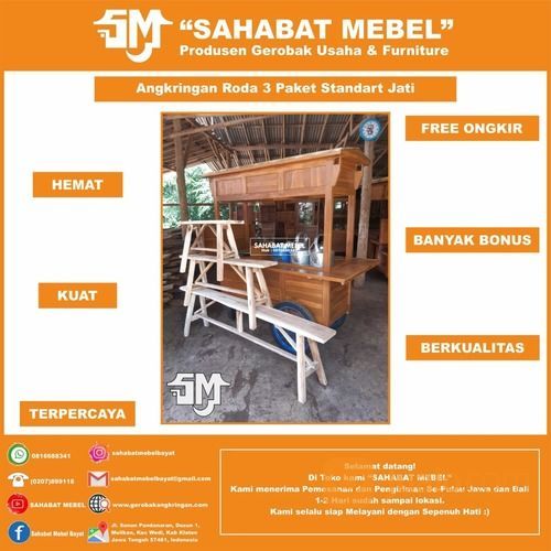 Gerobak Angkringan Roda 3 / Rombong Angkringan Roda 3 Paket Standart Kayu Jati