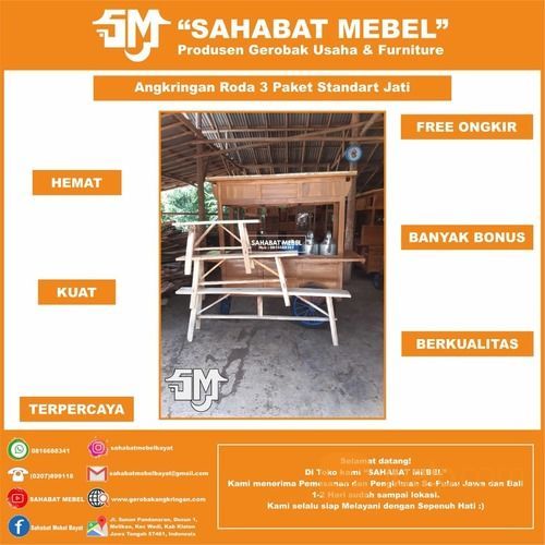 Gerobak Angkringan Roda 3 / Rombong Angkringan Roda 3 Paket Standart Kayu Jati