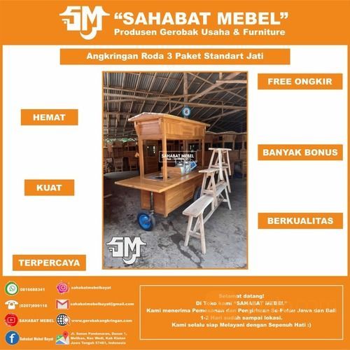 Gerobak Angkringan Roda 3 / Rombong Angkringan Roda 3 Paket Standart Kayu Jati