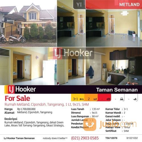 Rumah Metland, Cipondoh, Tangerang, 1 Lt, 9x15, SHM