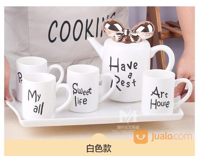 Teko Set Cangkir Mug Set Pita Pastel 4 Gelas + Teko Pita + Tatakan