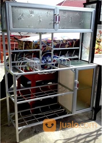 Rak Piring Aluminium 3 Sap Box Atas 2 Pintu Samping 1 Pintu Kaca Es 93-150